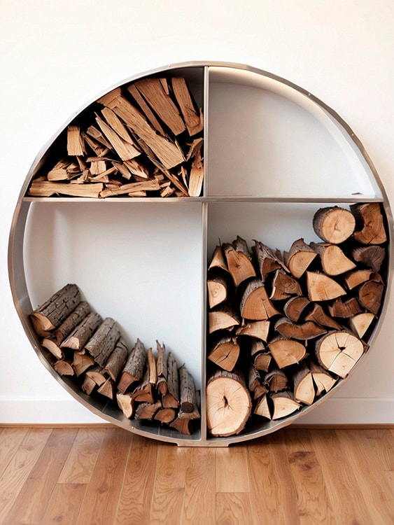 A modern round shape firewood storage made of metal