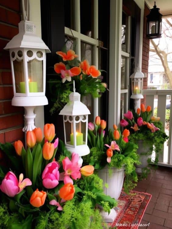 Easter front porch decoration with flowers and lanterns