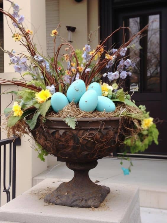 Flowers and Easter eggs in a rustic big metal planter