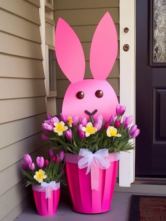 Front porch decorated with cardboard bunny and flowers
