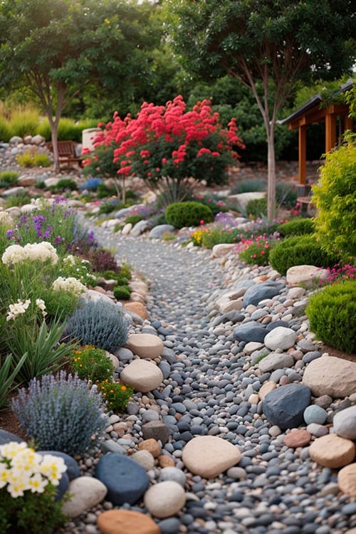 Dry river bed landscaping with gray pebbles