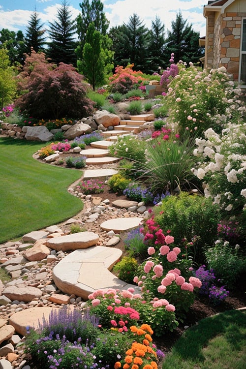 Tan cobbles dry river bed landscaping