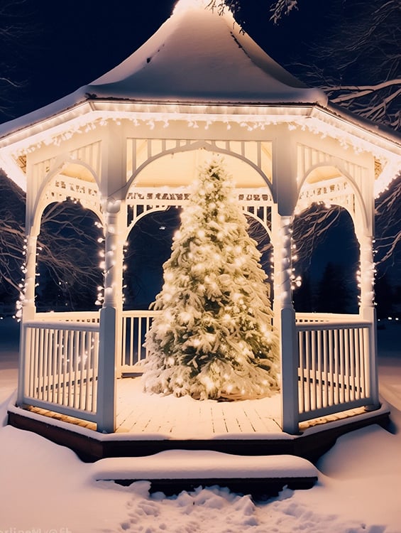 Christmas tree in a gazebo decorated with simple lights