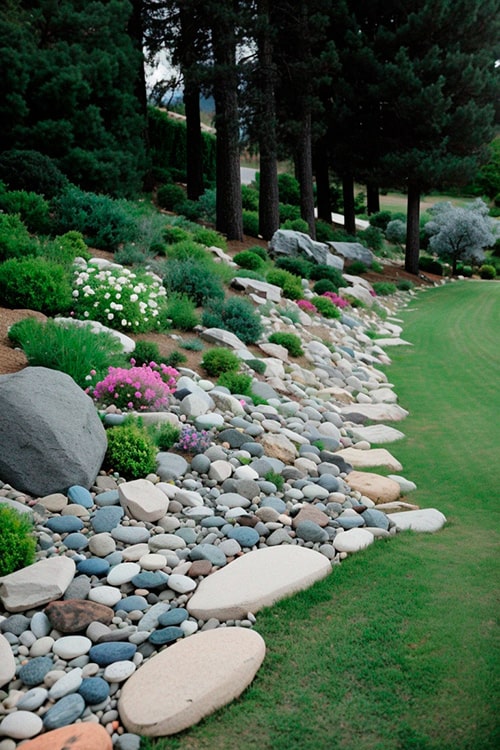 Flower aisle dry river bed landscaping