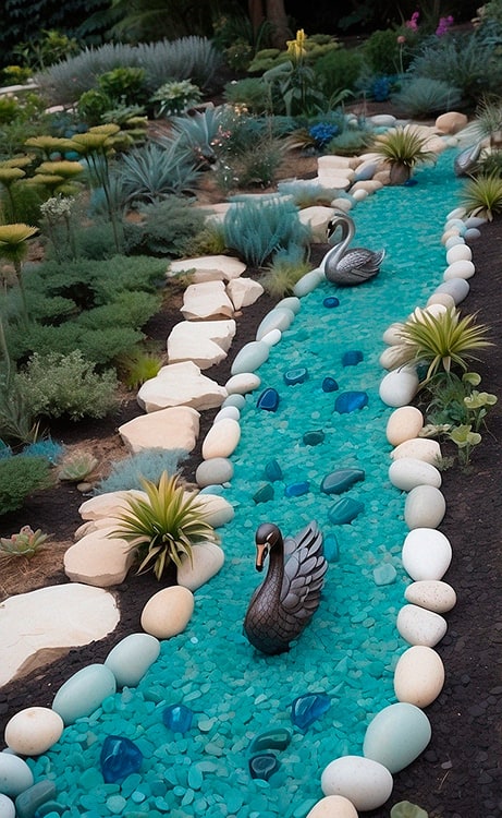 Blue lake dry river bed landscaping