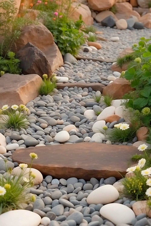 Glossy bridge dry river bed landscaping