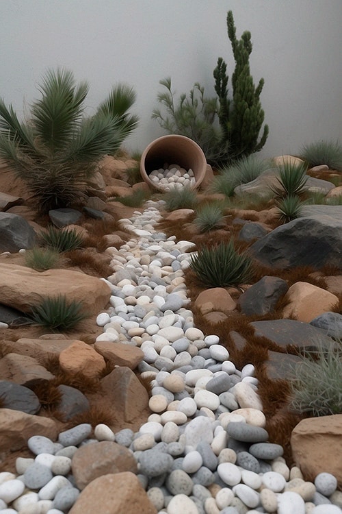 Dry river bed landscaping with a clay pot and pebbles