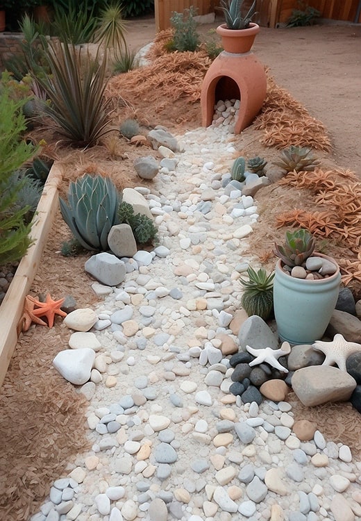 Dry river bed landscaping with pot, white stones and starfish