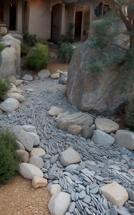 Dry river bed landscaping with  perfectly arranged small stones