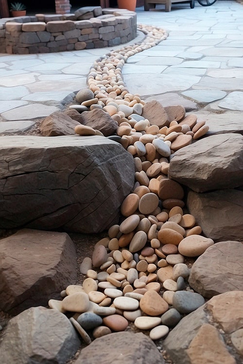 Long curved stone path made using pebbles