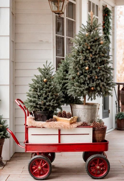 Gardening cart decorated with Christmas trees