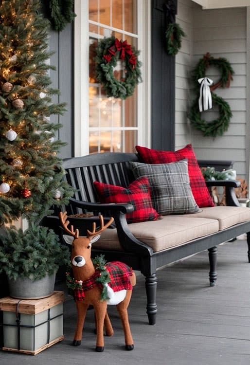 Porch decorated with wreaths and Christmas tree