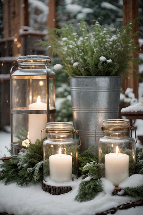 Three glowing candles inside glass jars placed amidst snow-covered greenery, next to a galvanized bucket with frosted plants, set against a backdrop of wooden structures.