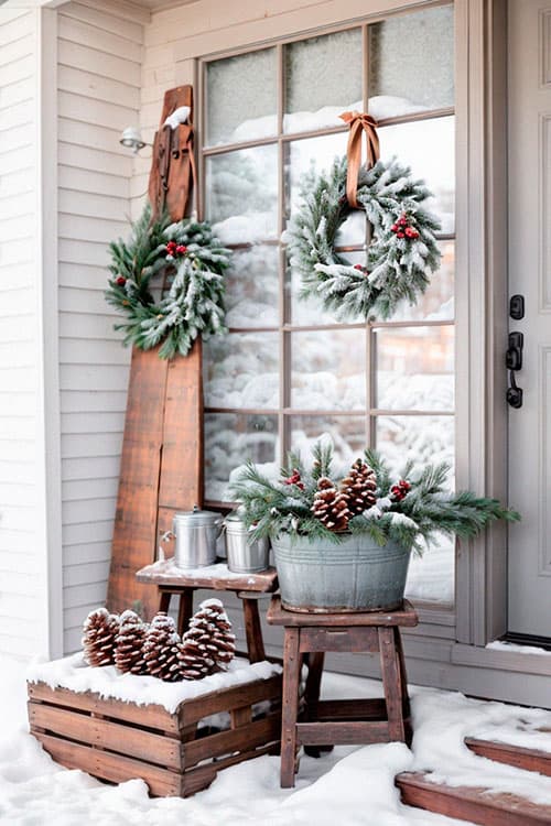 Snow-dusted porch decor with pinecone arrangements, frosted window panes, and rustic wooden accents.