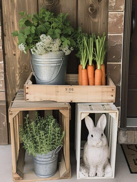 Front porch decorated with old crates and carrots