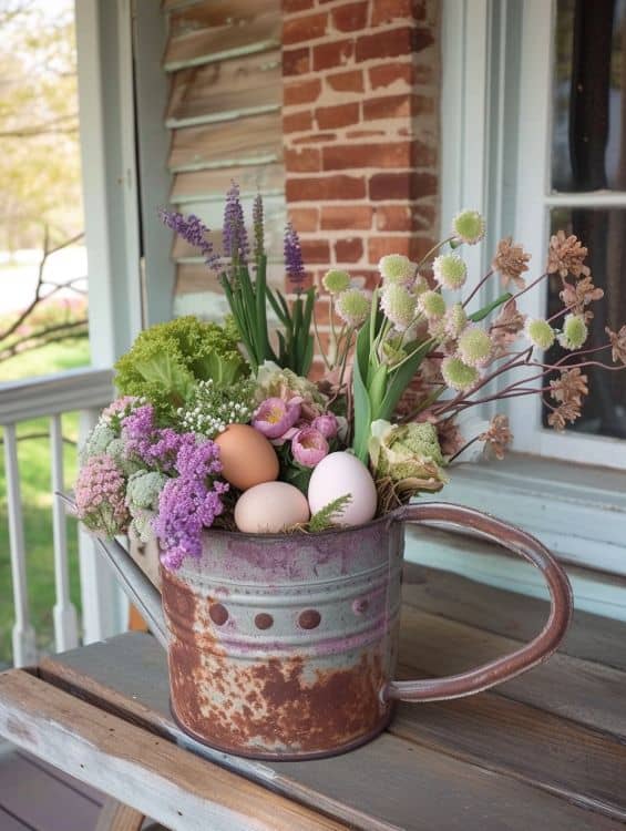 Flowers and eggs in an old watering can