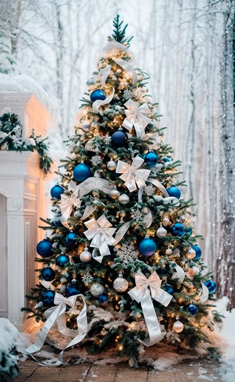 Christmas tree decorated with blue and white balls 