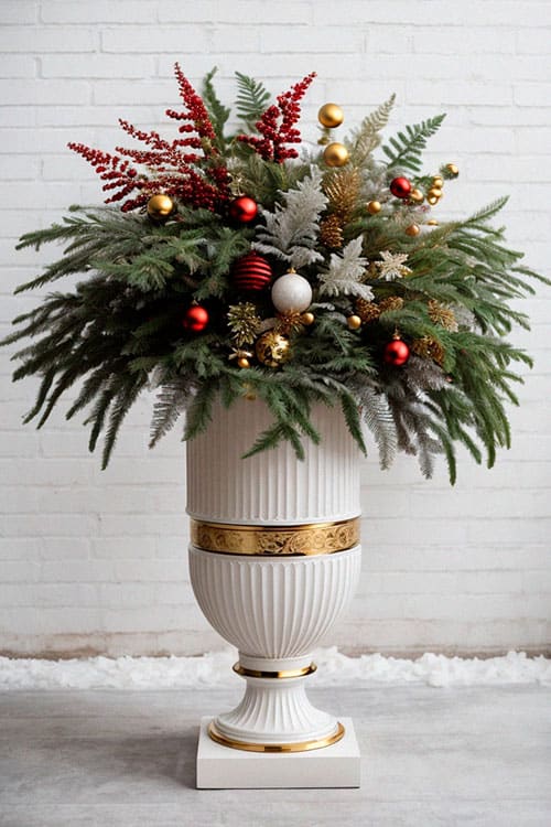 Urn-style container covered with leaves and Christmas balls
