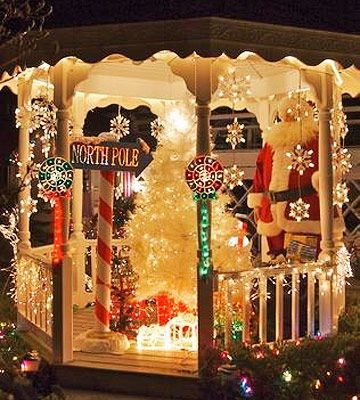 north pole theme gazebo Christmas decorations #gazebo #christmas #gazeboideas #winter #garland #christmasLights #outdoorLights #stringLights #christmasTree