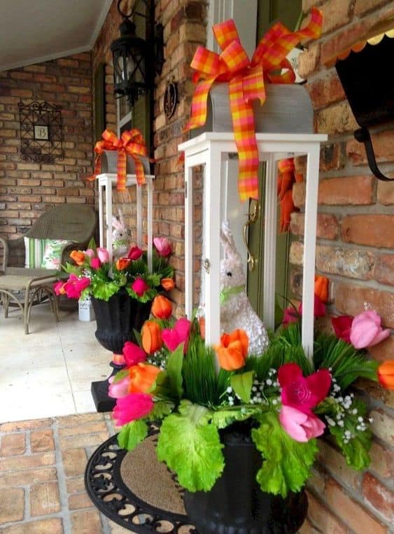 Easter Planter arrangement on a porch #easter #backyardporch #porchIdeas #frontDoorDecor