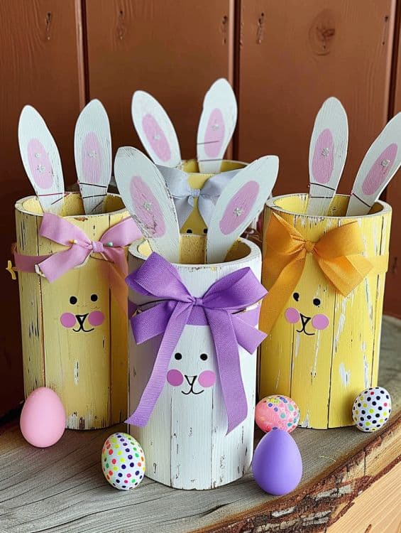Cloth and wood bunnies for front porch decoration
