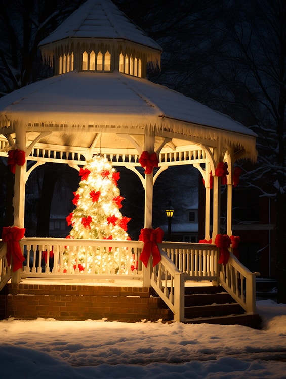 Christmas tree inside a gazebo decorated with red garlands and Christmas lights