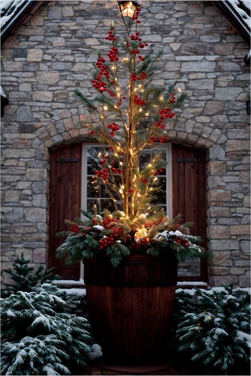 Flower pot decorated with lit-up branches and Christmas balls