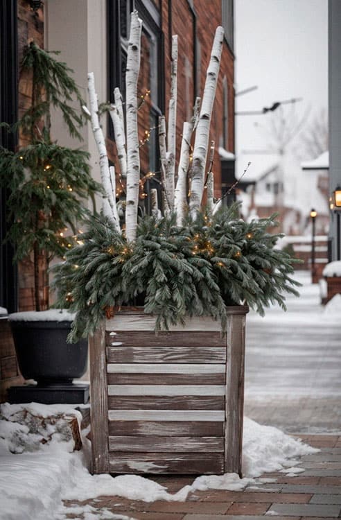 An outdoor planter decorated with wood branches and leaves