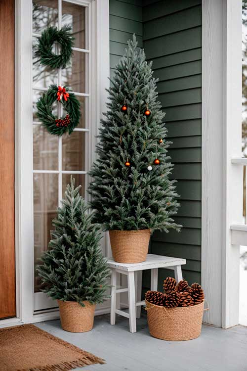 Front door decorated with christmas trees and pine cones