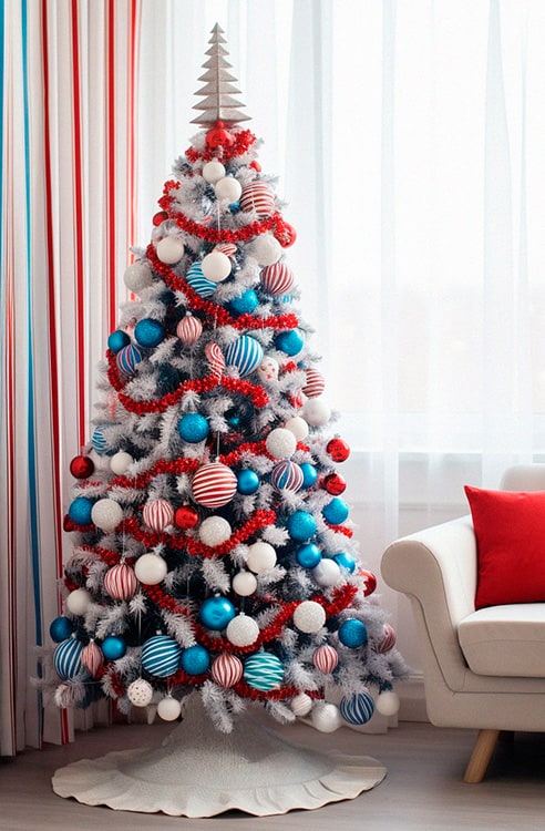 Blue, red and white Christmas tree