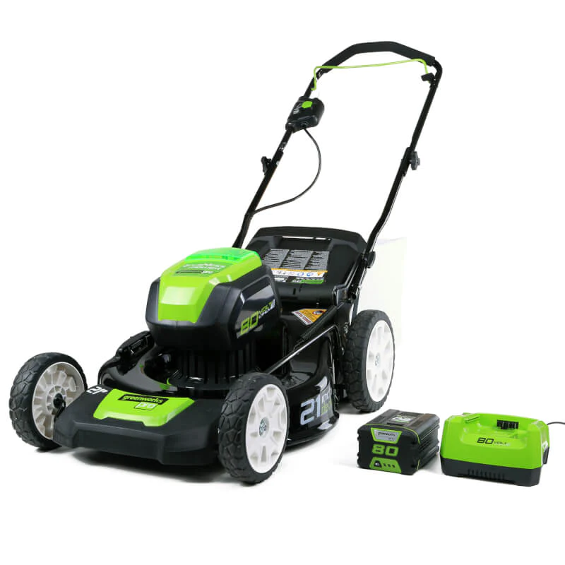 Greenworks lawnmower brand with battery and fuel container