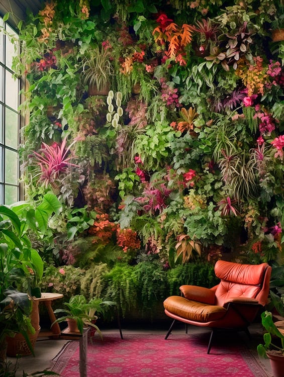 An indoor wall of plants