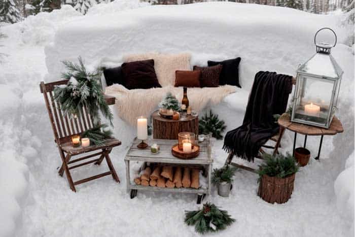 Sofa made from the snow like a living room set-up