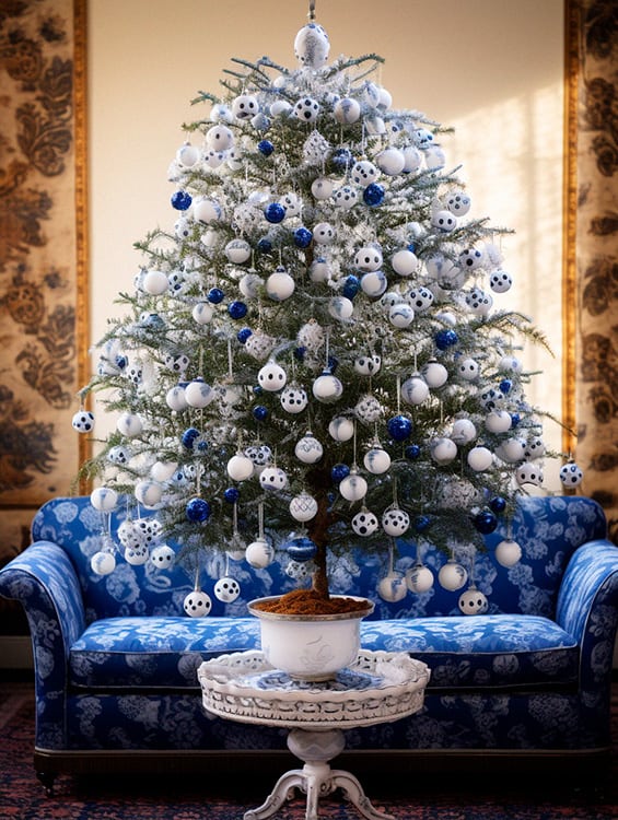 Christmas tree decorated with blue and white balls in asian style