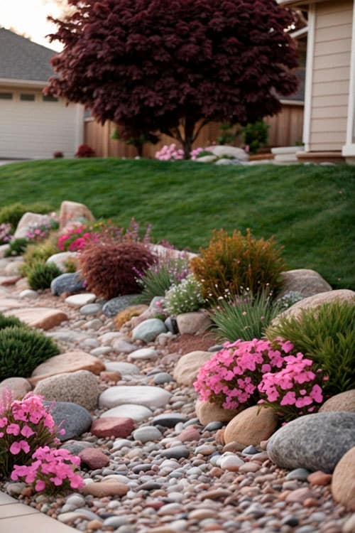 Backyard decorated with rocks of different sizes and pebbles