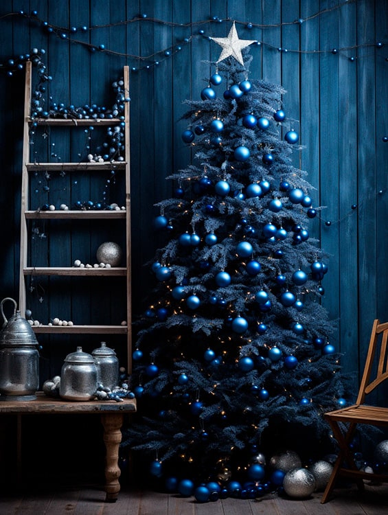 A navy blue Christmas tree decorated with blue balls