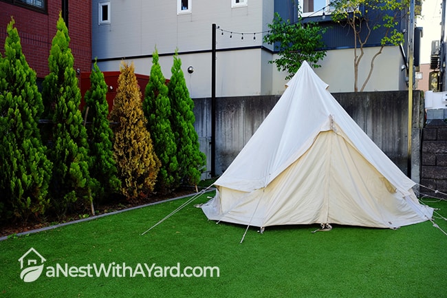 Camping tent cabana on a green grass backyard