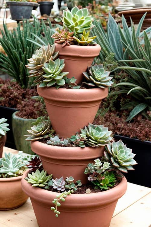 Plant tower made using 4 flower pots