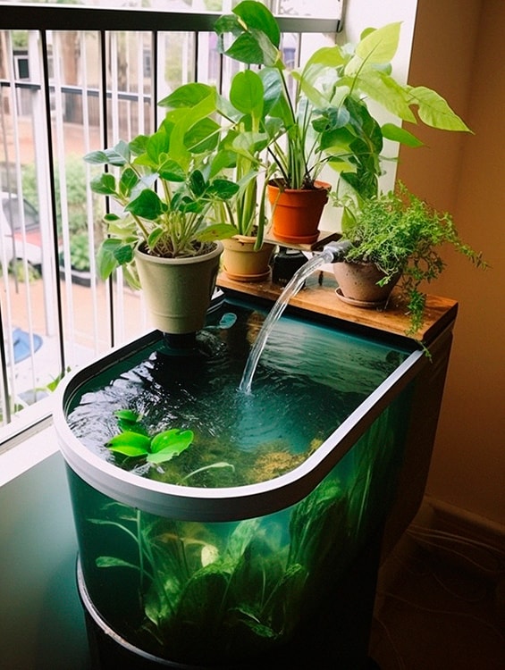 An aquarium cum pot table with underwater plants