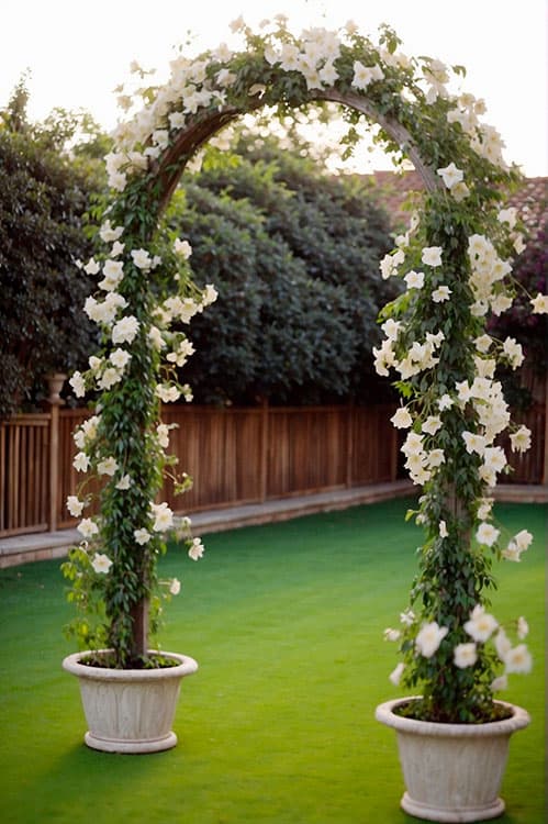 Climbing potted jasmine plants that create an archway