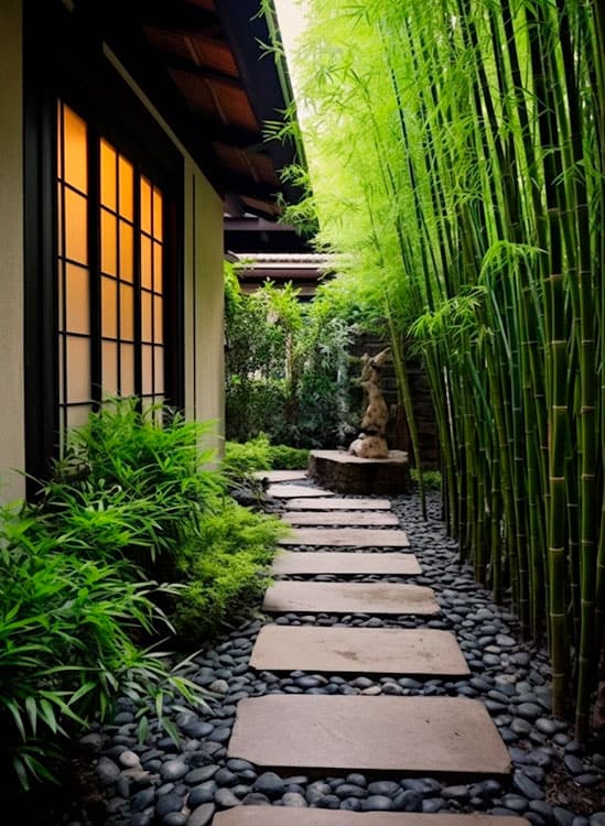 Backyard stepping stones walkway and bamboo plants as a fence