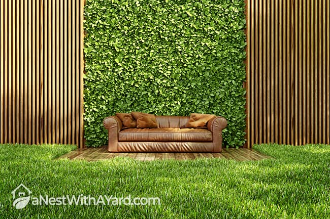 A sitting space surrounded by grass and a green wall at the background