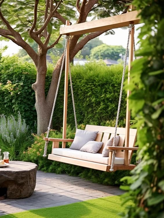 Backyard landscaping with outdoor wooden swing