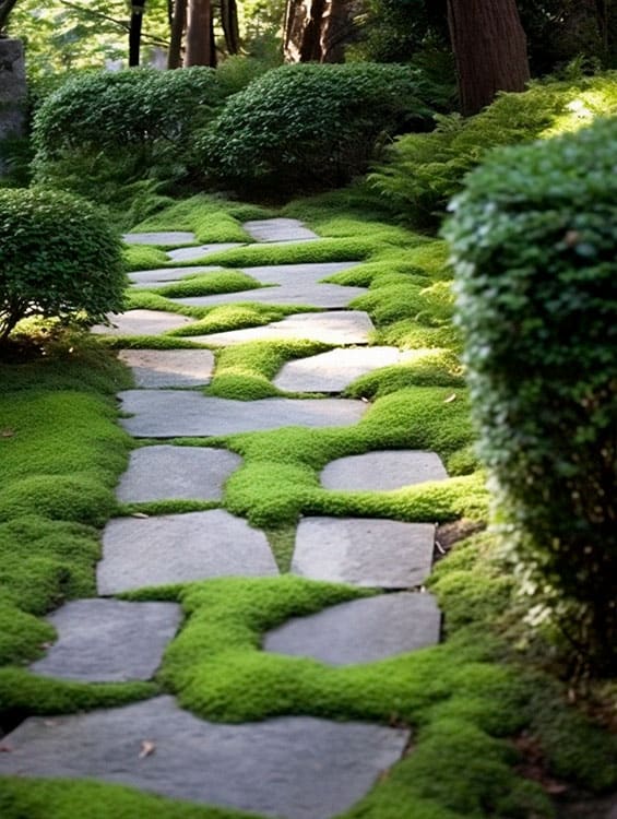 Asymmetrical and staggered stepping stones with a natural lawn