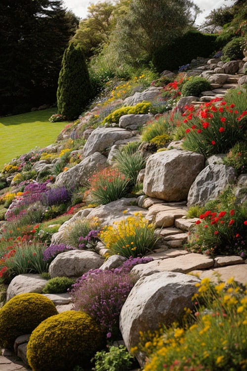 Inclined yard as an elevated garden bed with hard rocks