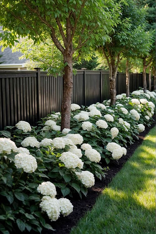 Backyard landscaping with trees and white flower plants