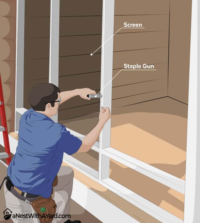A man installing a porch screen
