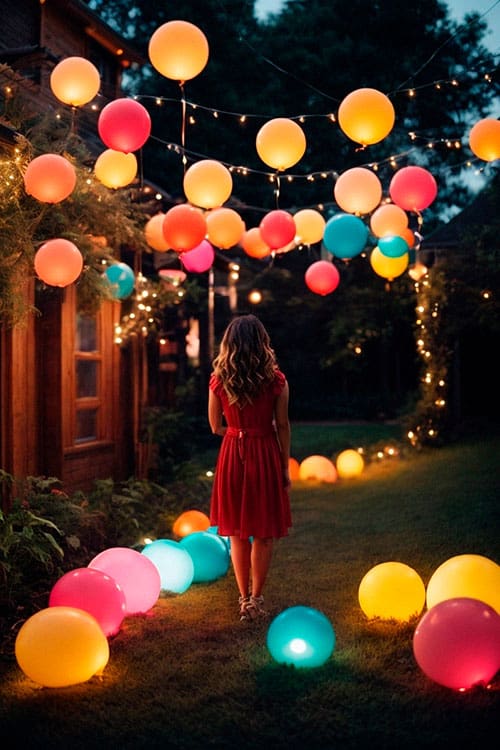 Backyard decorated with light balloons