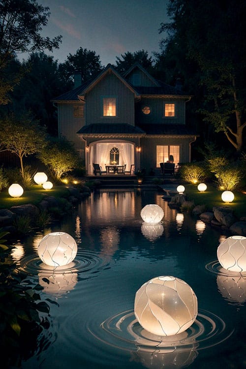 Backyard pool decorated with globe lights