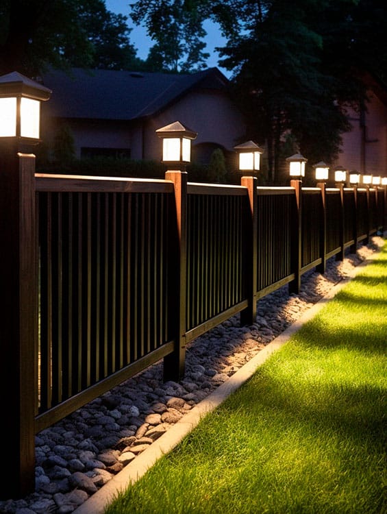 Backyard fence decorated with lights